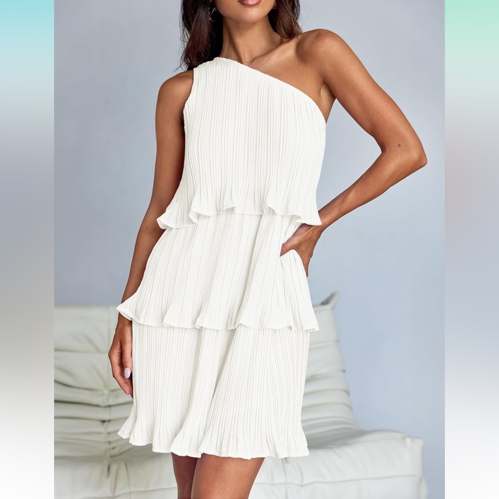 Mini Dress Boho One Shoulder Ruffle Tiered Layered Chiffon Flowy A Line Dresses